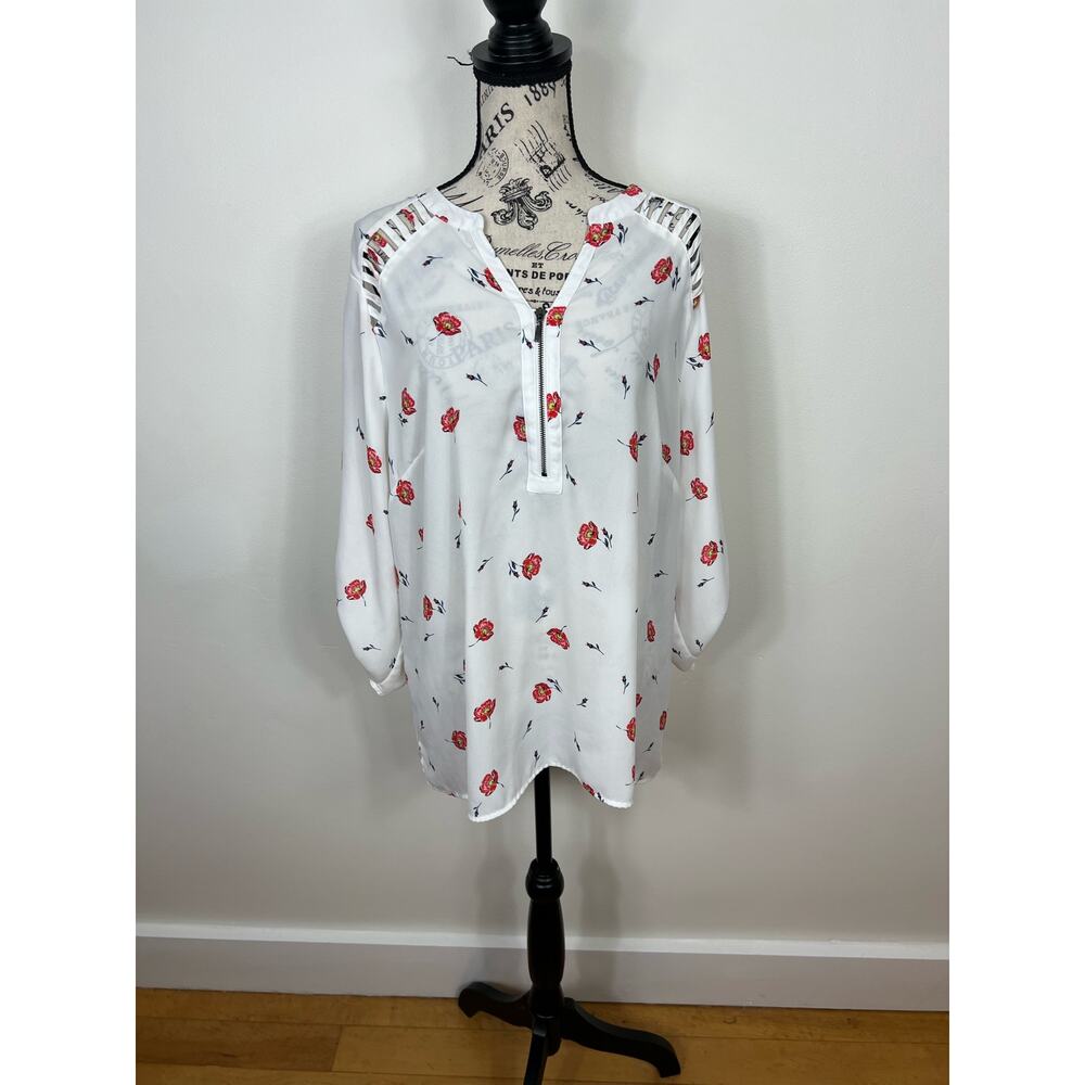 Maurices Semi Sheer white and red floral long sleeve V-neck Blouse